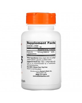 Doctor's Best, витамин D3, 125 мкг (5 000 МЕ), 180 капсул